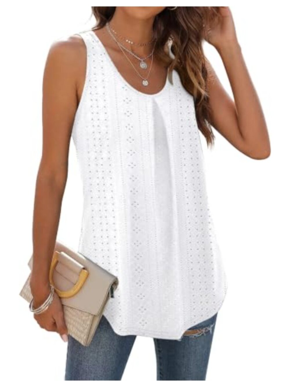 WIHOLL Women's Loose Fit V-Neck Eyelet Embroidery Tank Top Sleeveless Summer